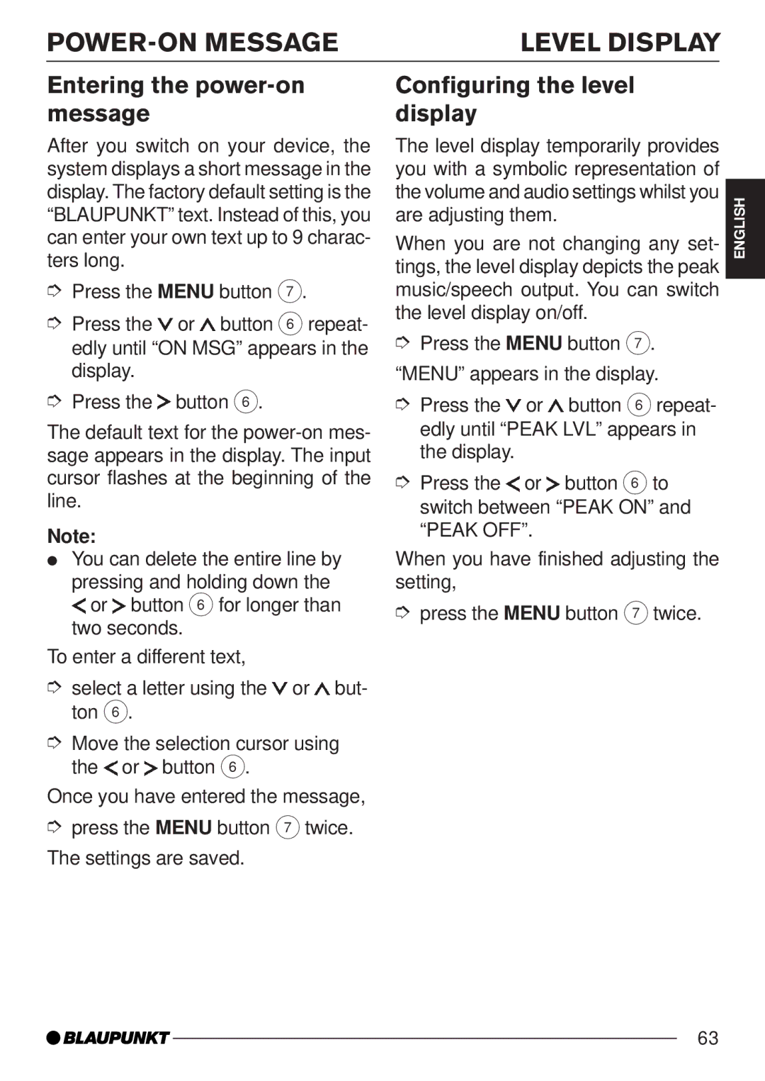 Blaupunkt MP35 operating instructions POWER-ON Message, Entering the power-on message, Configuring the level display 