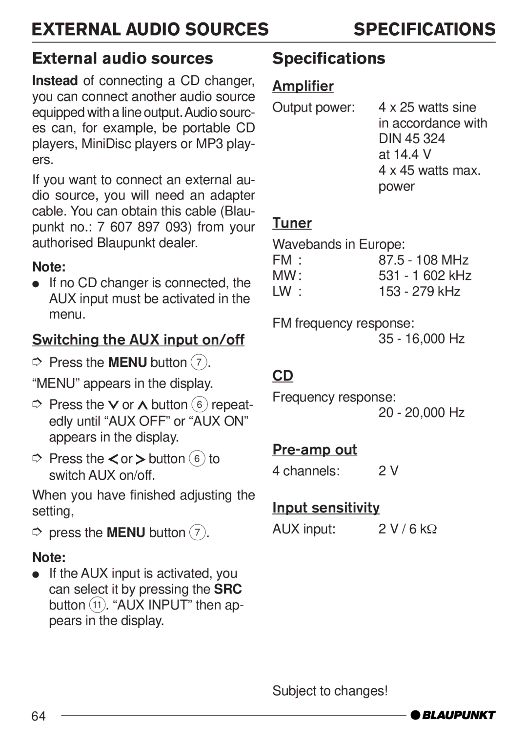 Blaupunkt MP35 operating instructions External Audio Sources, External audio sources, Specifications 