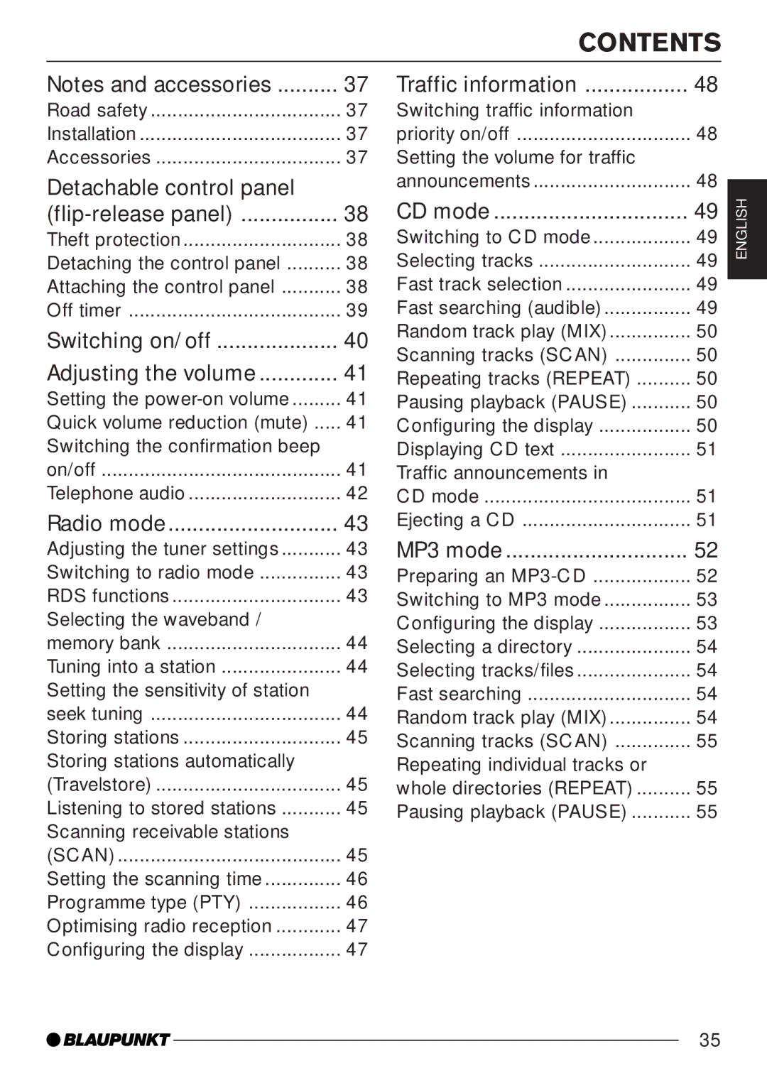 Blaupunkt MP35 operating instructions Contents 