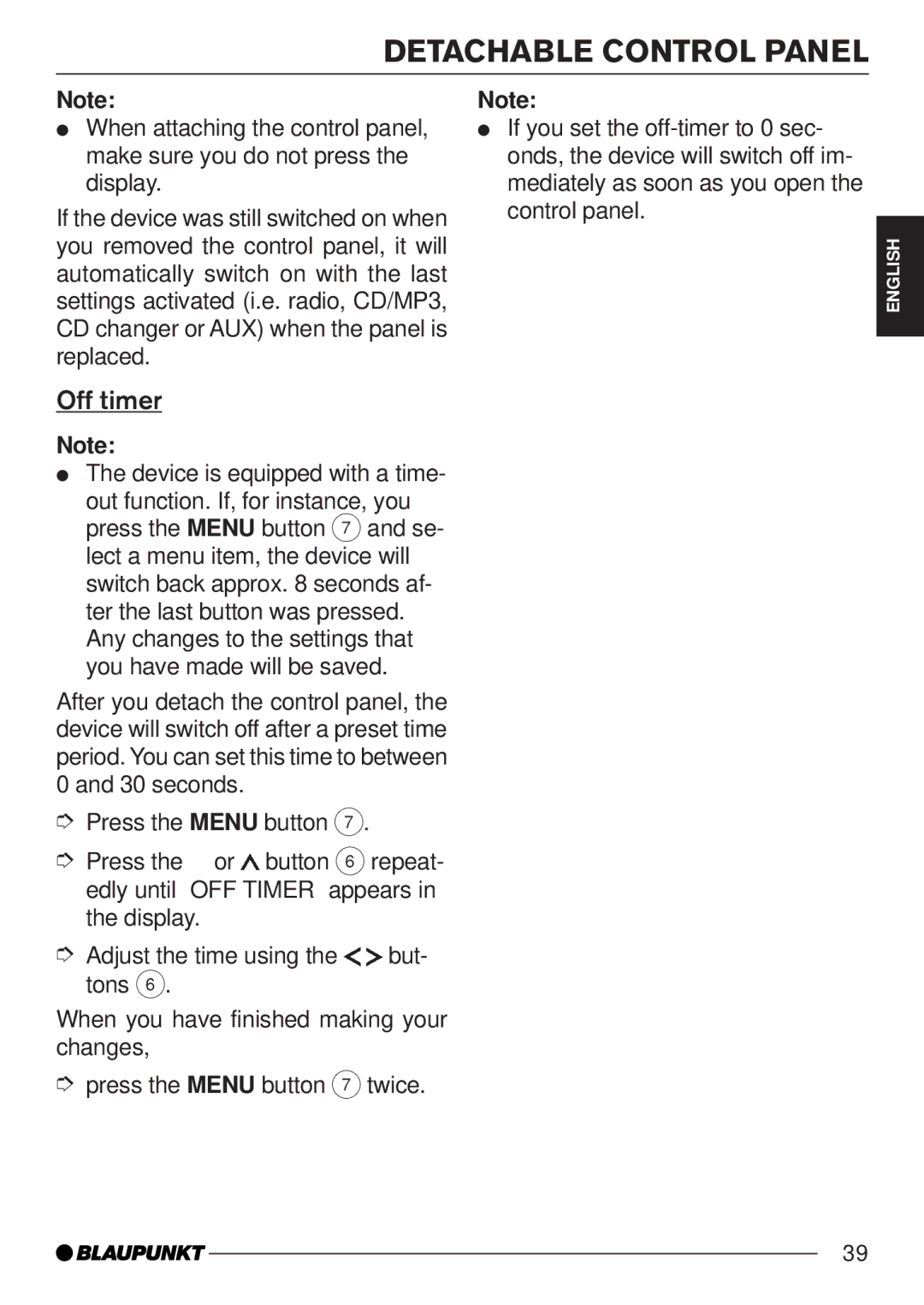 Blaupunkt MP35 operating instructions Off timer 