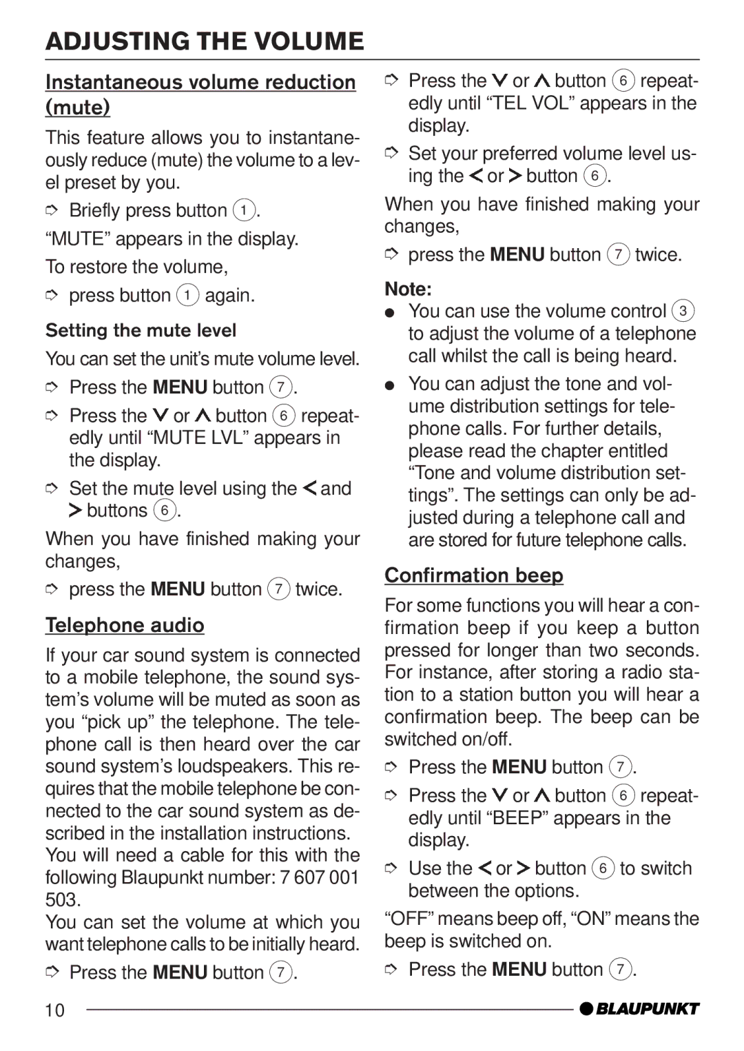 Blaupunkt MP35 Adjusting the Volume, Instantaneous volume reduction mute, Telephone audio, Confirmation beep 