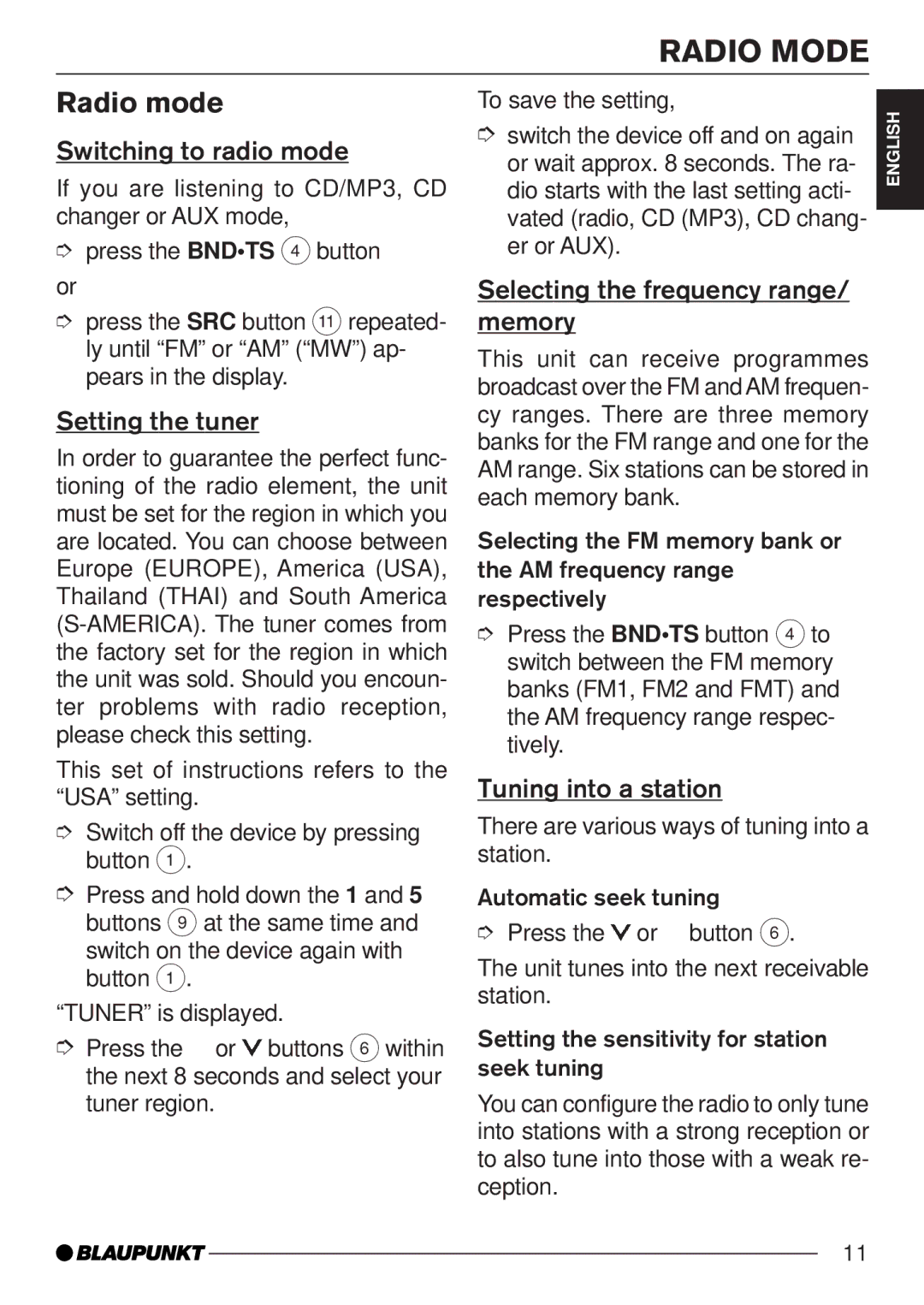 Blaupunkt MP35 operating instructions Radio Mode, Radio mode 