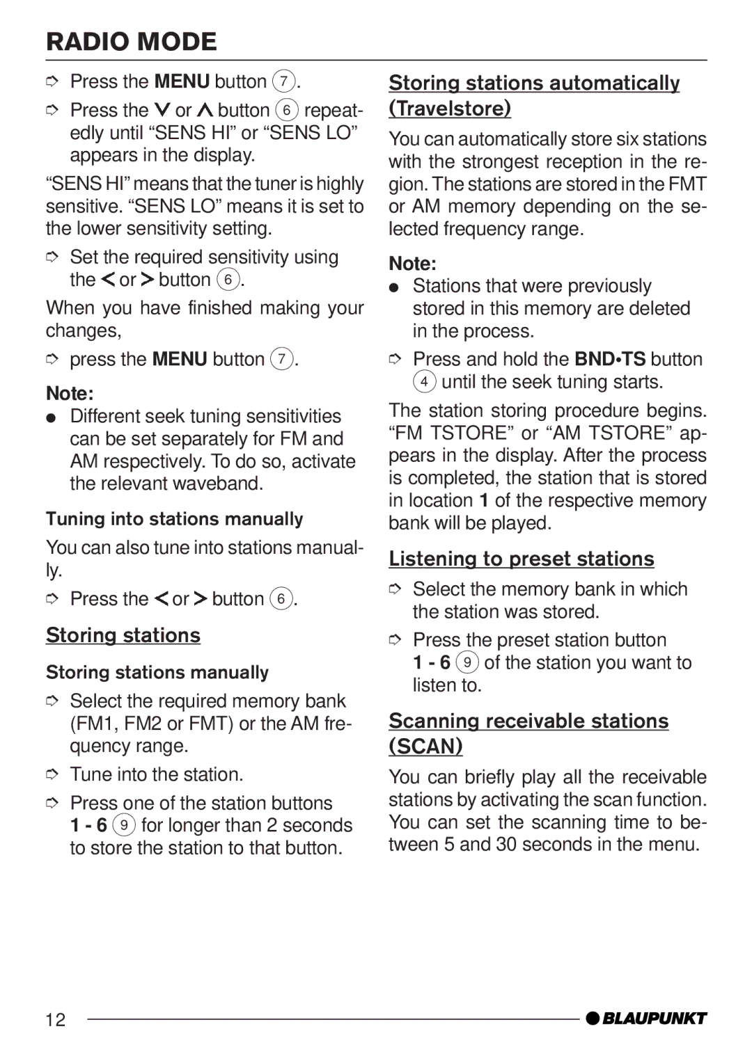 Blaupunkt MP35 operating instructions Storing stations automatically Travelstore, Listening to preset stations 