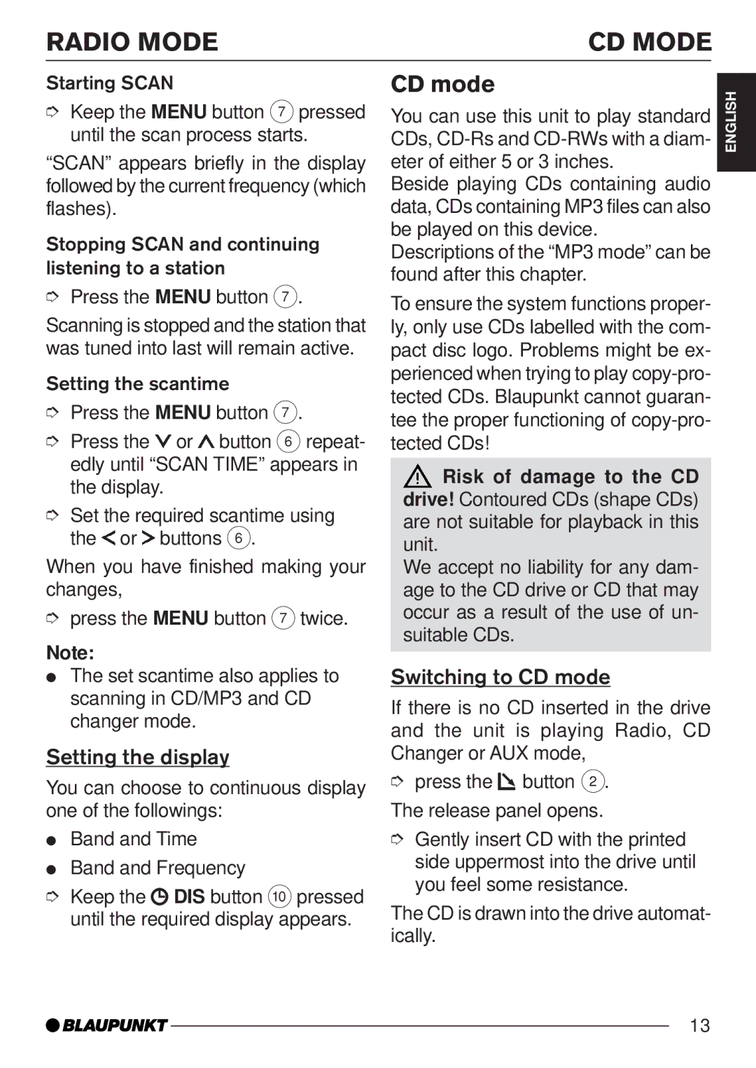 Blaupunkt MP35 operating instructions Radio Mode CD Mode, Setting the display, Switching to CD mode 