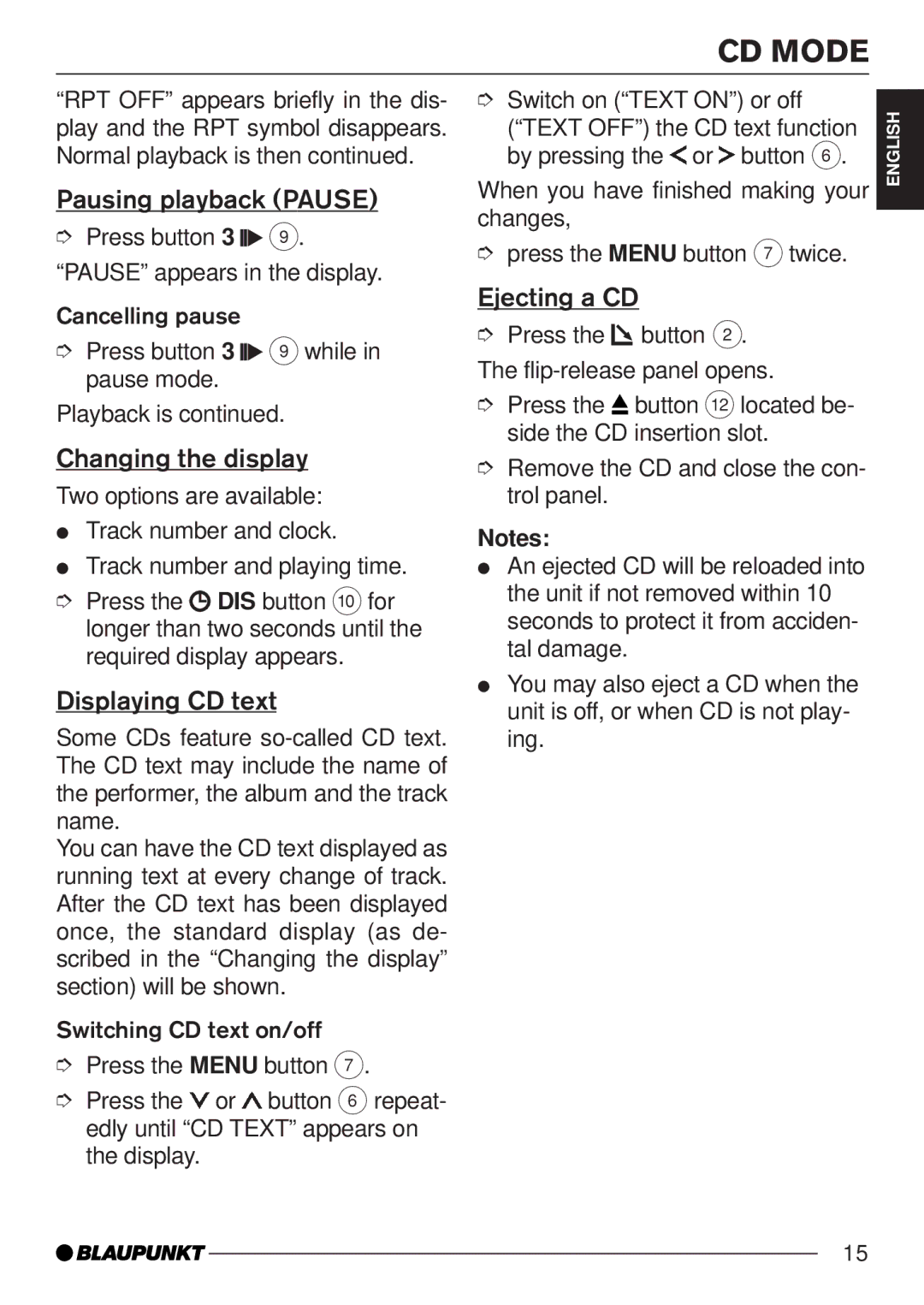 Blaupunkt MP35 operating instructions Pausing playback Pause, Changing the display, Displaying CD text, Ejecting a CD 