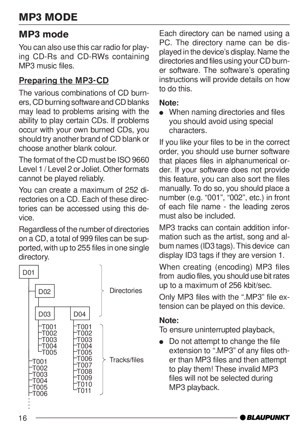 Blaupunkt MP35 operating instructions MP3 Mode, MP3 mode, Preparing the MP3-CD 