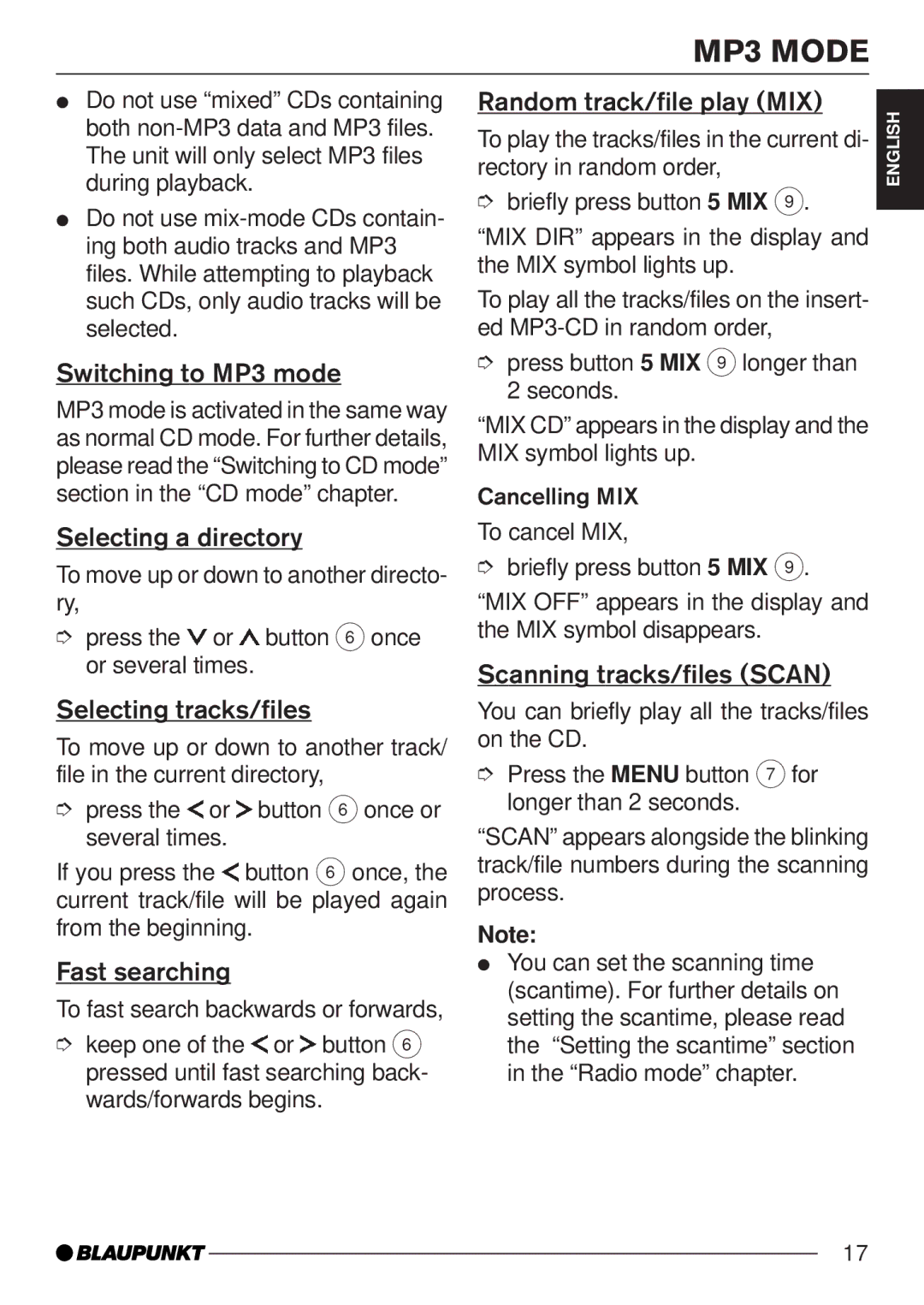 Blaupunkt MP35 operating instructions Switching to MP3 mode, Selecting a directory, Selecting tracks/files, Fast searching 