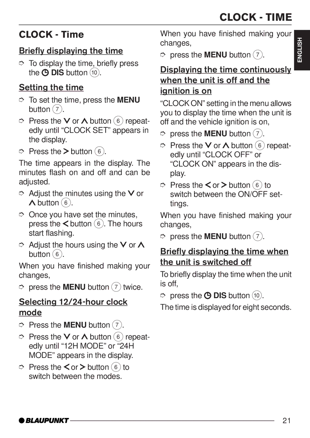 Blaupunkt MP35 operating instructions Clock Time 