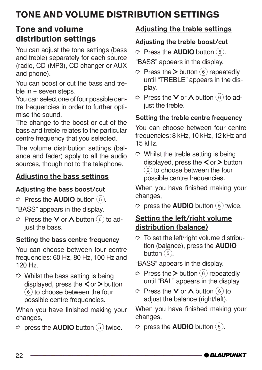 Blaupunkt MP35 Tone and Volume Distribution Settings, Tone and volume distribution settings, Adjusting the bass settings 