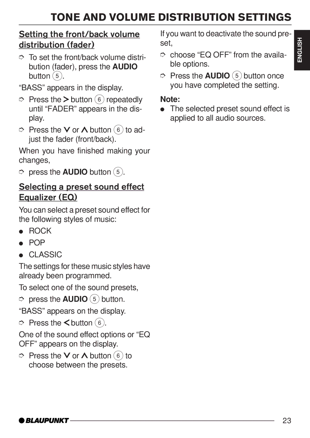 Blaupunkt MP35 Setting the front/back volume distribution fader, Selecting a preset sound effect Equalizer EQ 