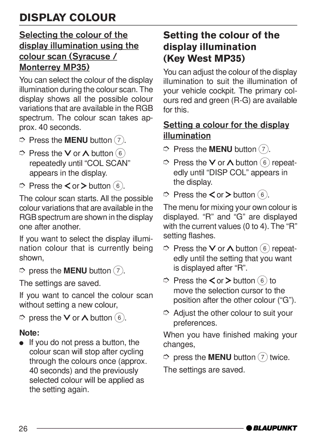 Blaupunkt Setting the colour of the display illumination Key West MP35, Setting a colour for the display illumination 