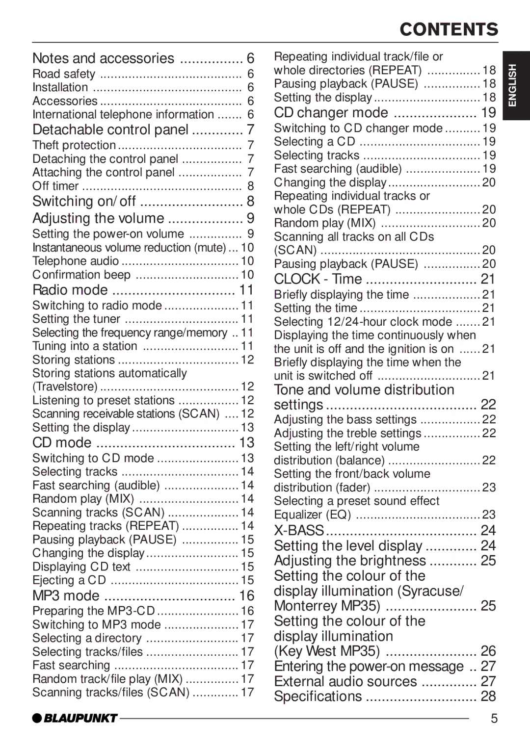 Blaupunkt MP35 operating instructions Contents 