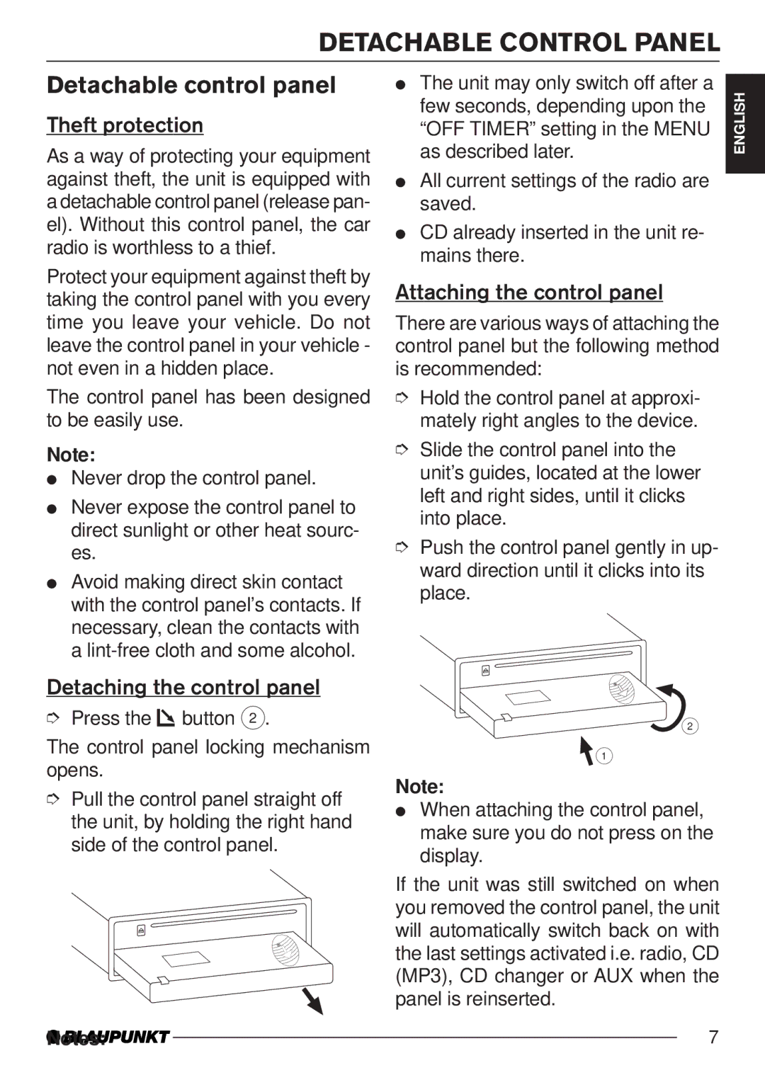 Blaupunkt MP35 Detachable Control Panel, Detachable control panel, Theft protection, Detaching the control panel 