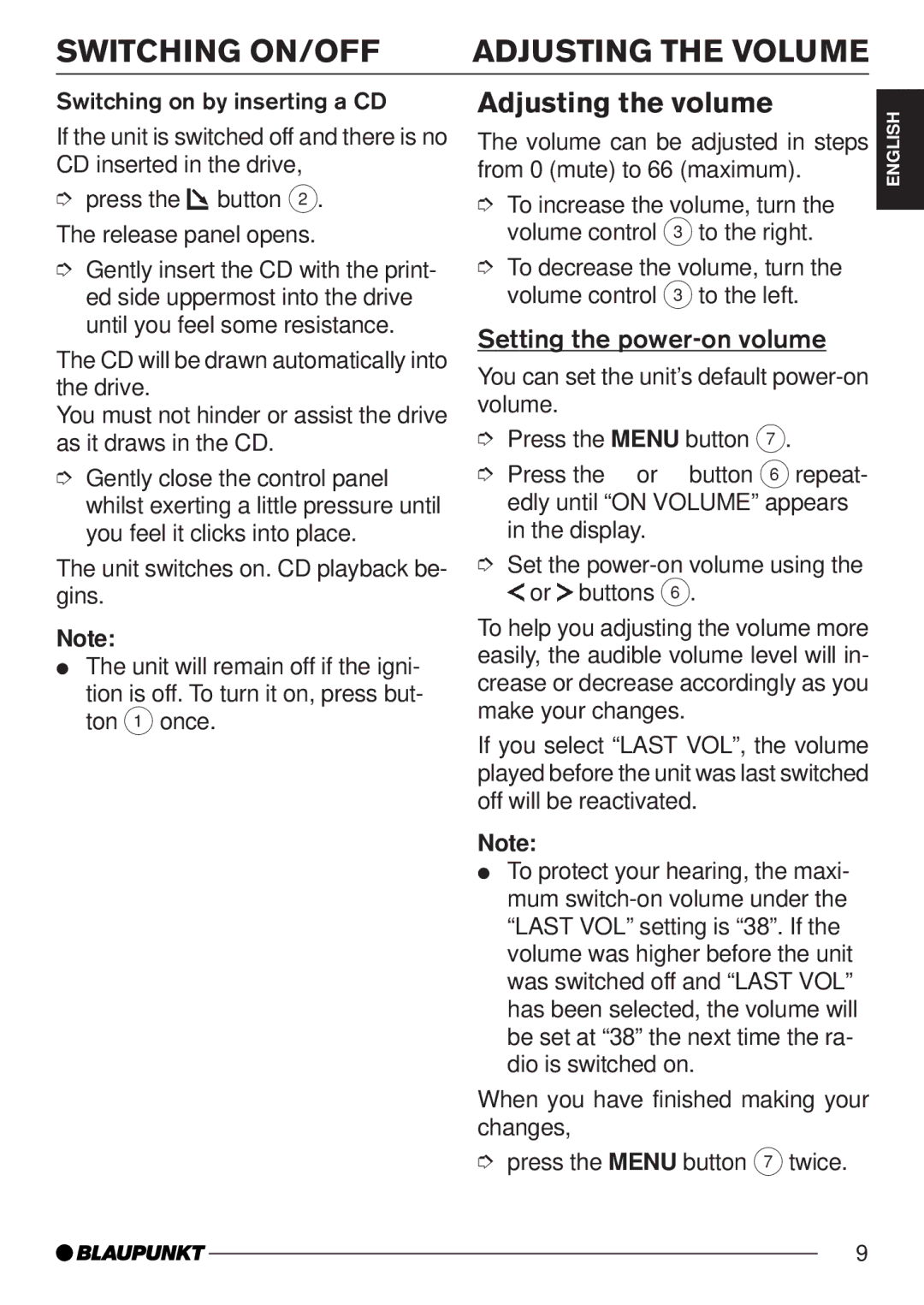 Blaupunkt MP35 operating instructions Switching ON/OFF, Adjusting the volume, Setting the power-on volume 