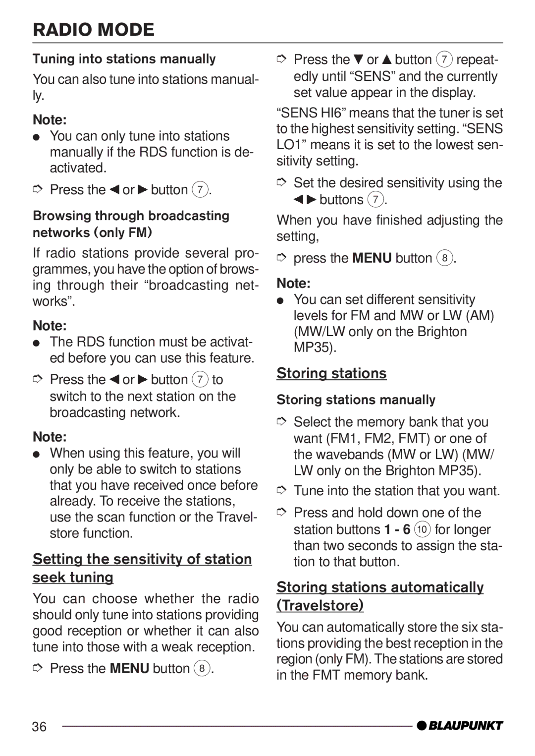 Blaupunkt MP35 operating instructions Setting the sensitivity of station seek tuning, Storing stations 