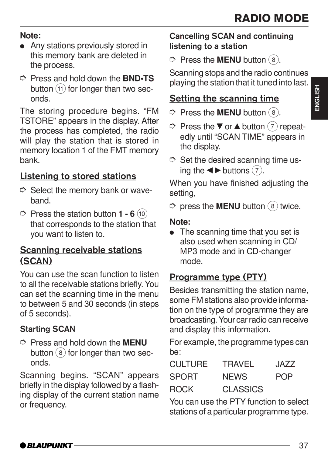 Blaupunkt MP35 Listening to stored stations, Scanning receivable stations Scan, Setting the scanning time 