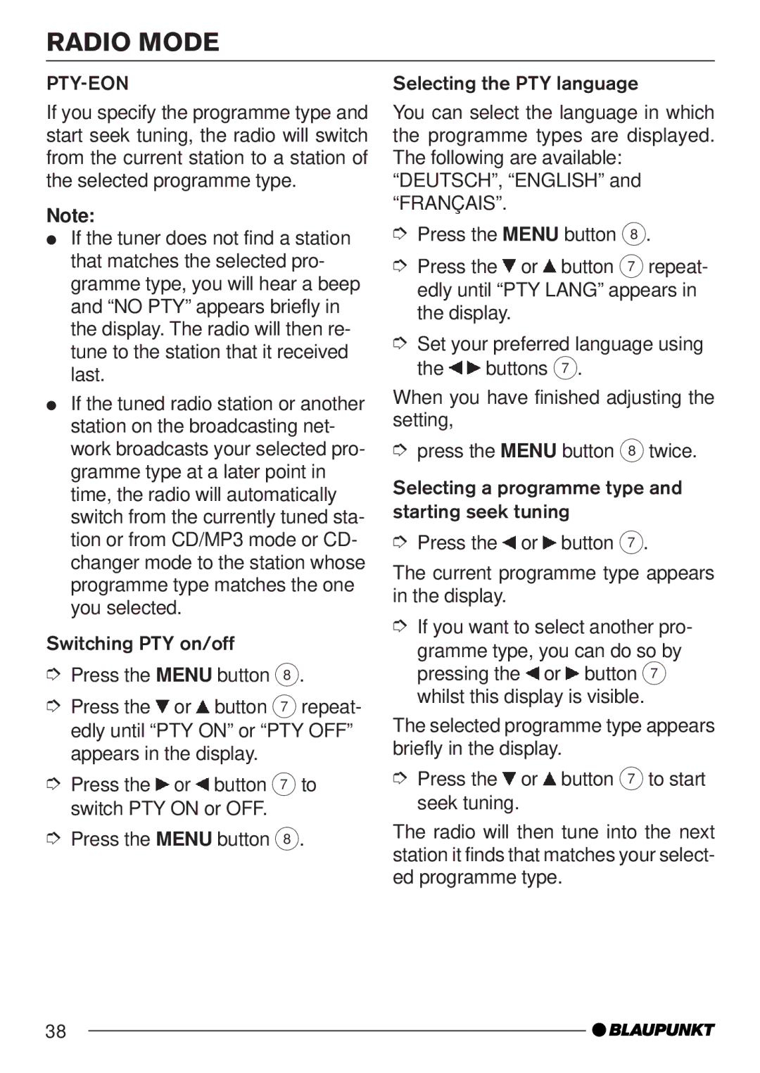 Blaupunkt MP35 operating instructions Pty-Eon 