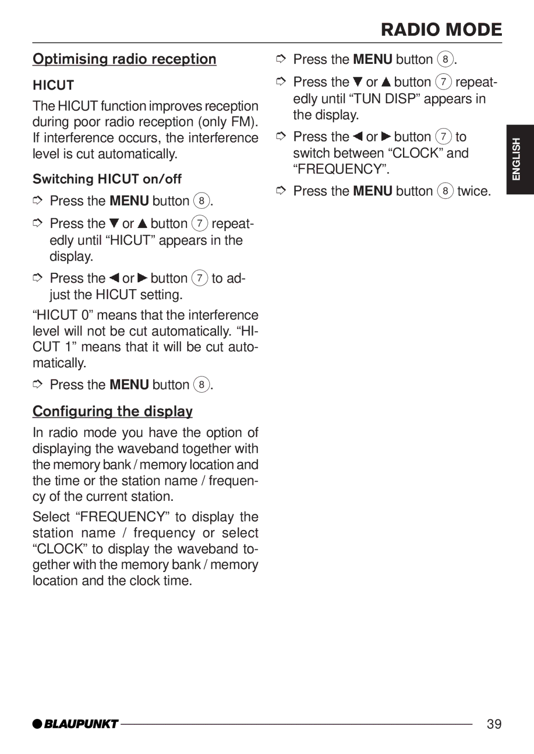 Blaupunkt MP35 operating instructions Optimising radio reception, Configuring the display 