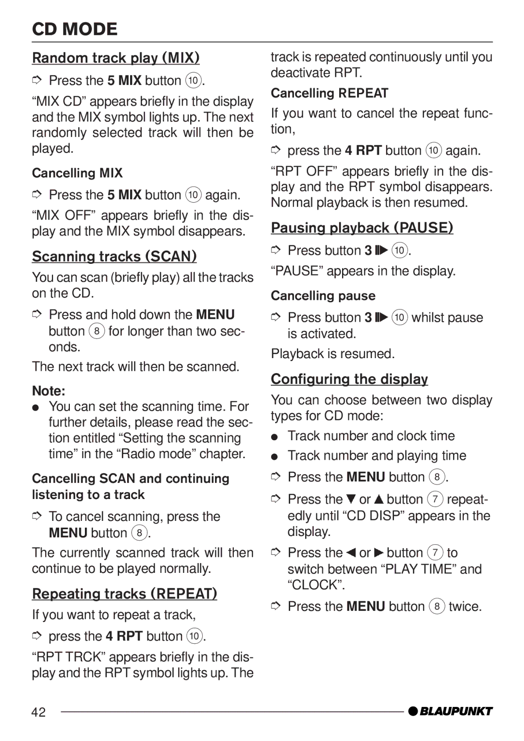 Blaupunkt MP35 Random track play MIX, Scanning tracks Scan, Repeating tracks Repeat, Pausing playback Pause 