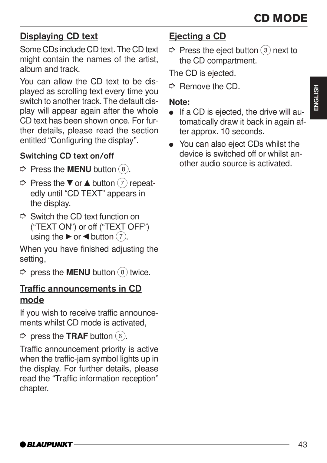 Blaupunkt MP35 operating instructions Displaying CD text, Traffic announcements in CD mode, Ejecting a CD 