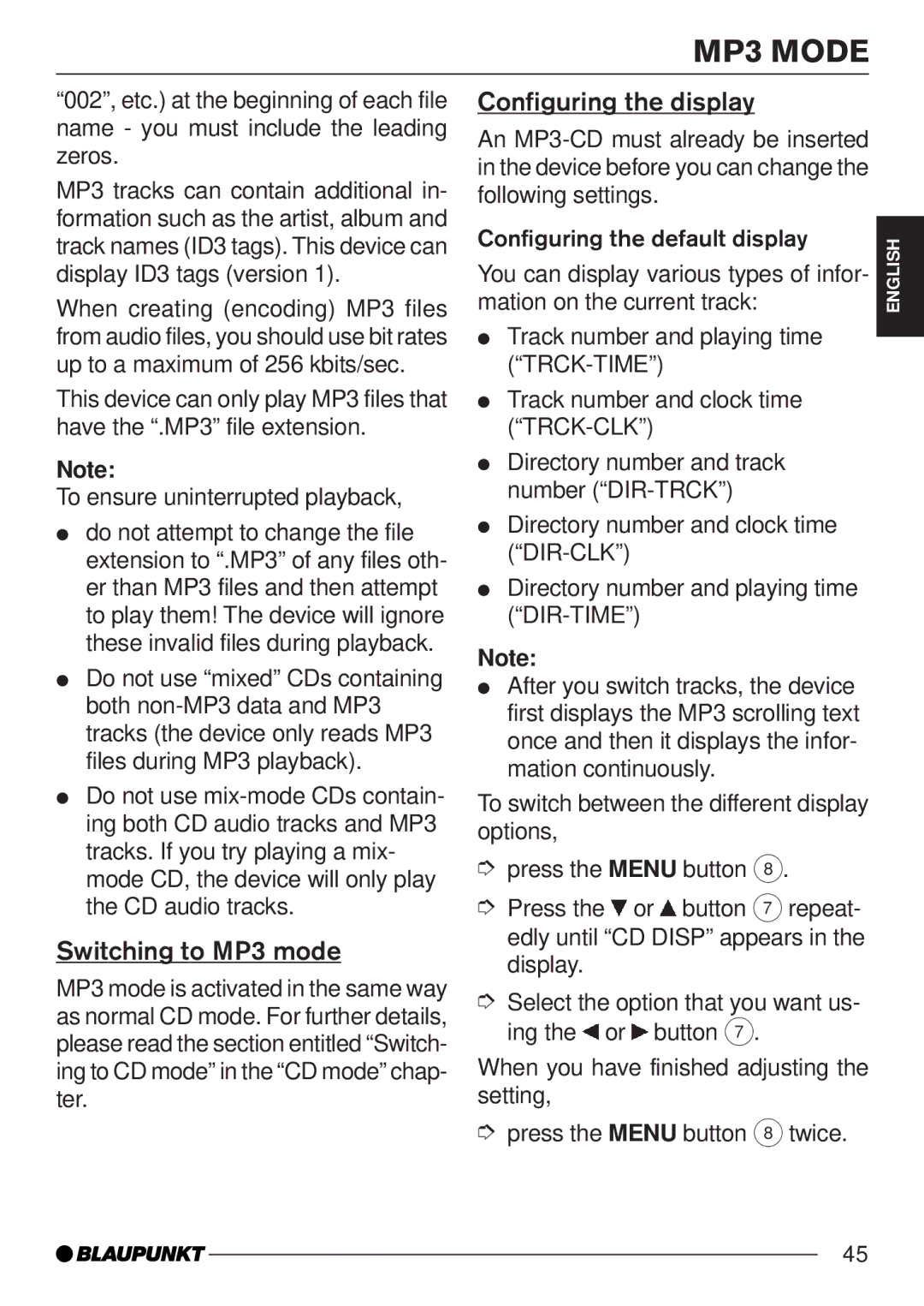 Blaupunkt MP35 operating instructions Switching to MP3 mode, Configuring the display 