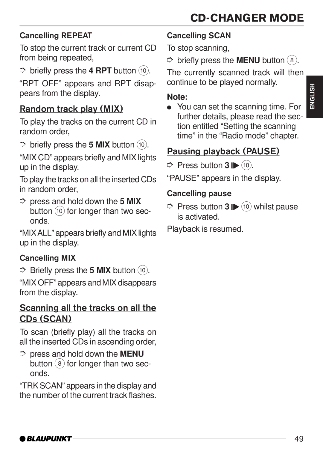 Blaupunkt MP35 operating instructions Random track play MIX, Scanning all the tracks on all the CDs Scan 