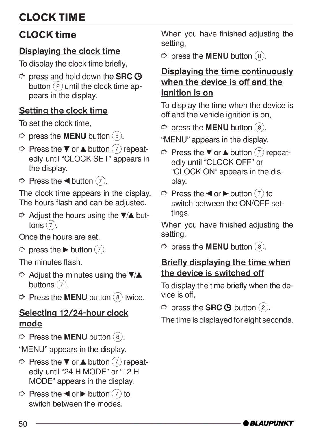 Blaupunkt MP35 operating instructions Clock Time, Clock time 