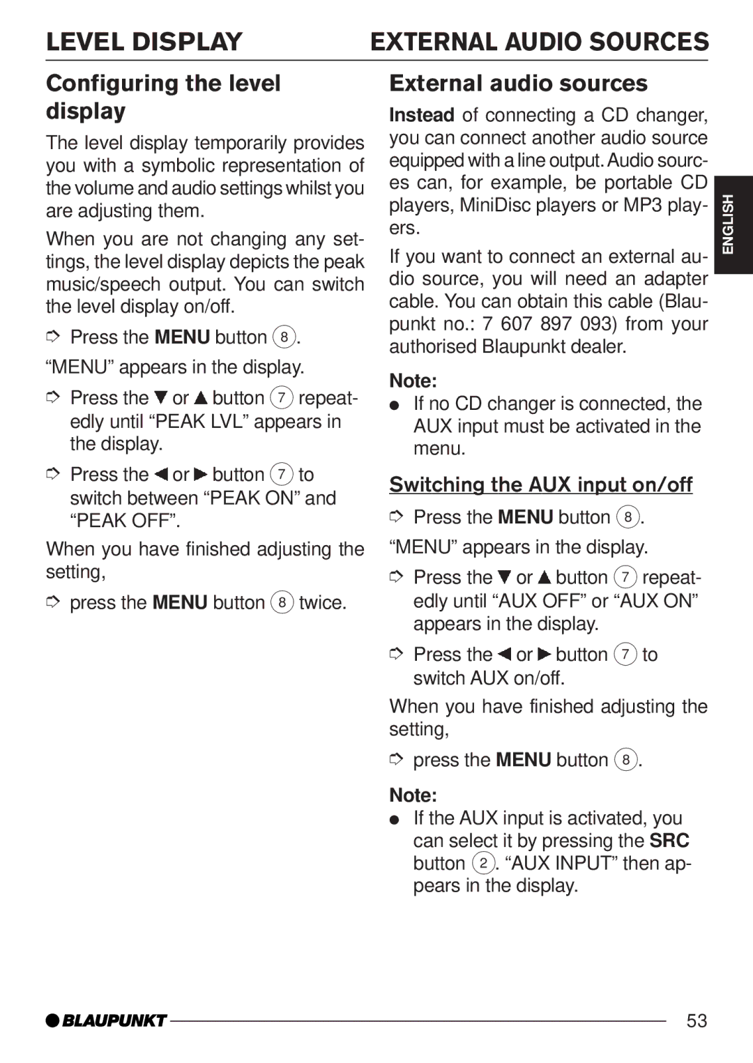 Blaupunkt MP35 Level Display, Configuring the level display, External audio sources, Switching the AUX input on/off 