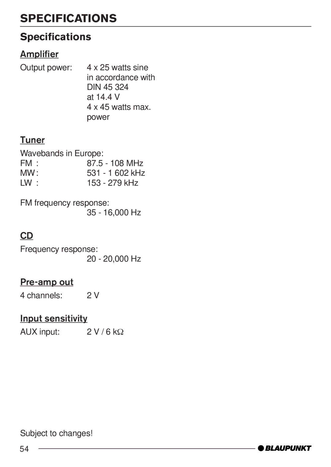 Blaupunkt MP35 operating instructions Specifications 