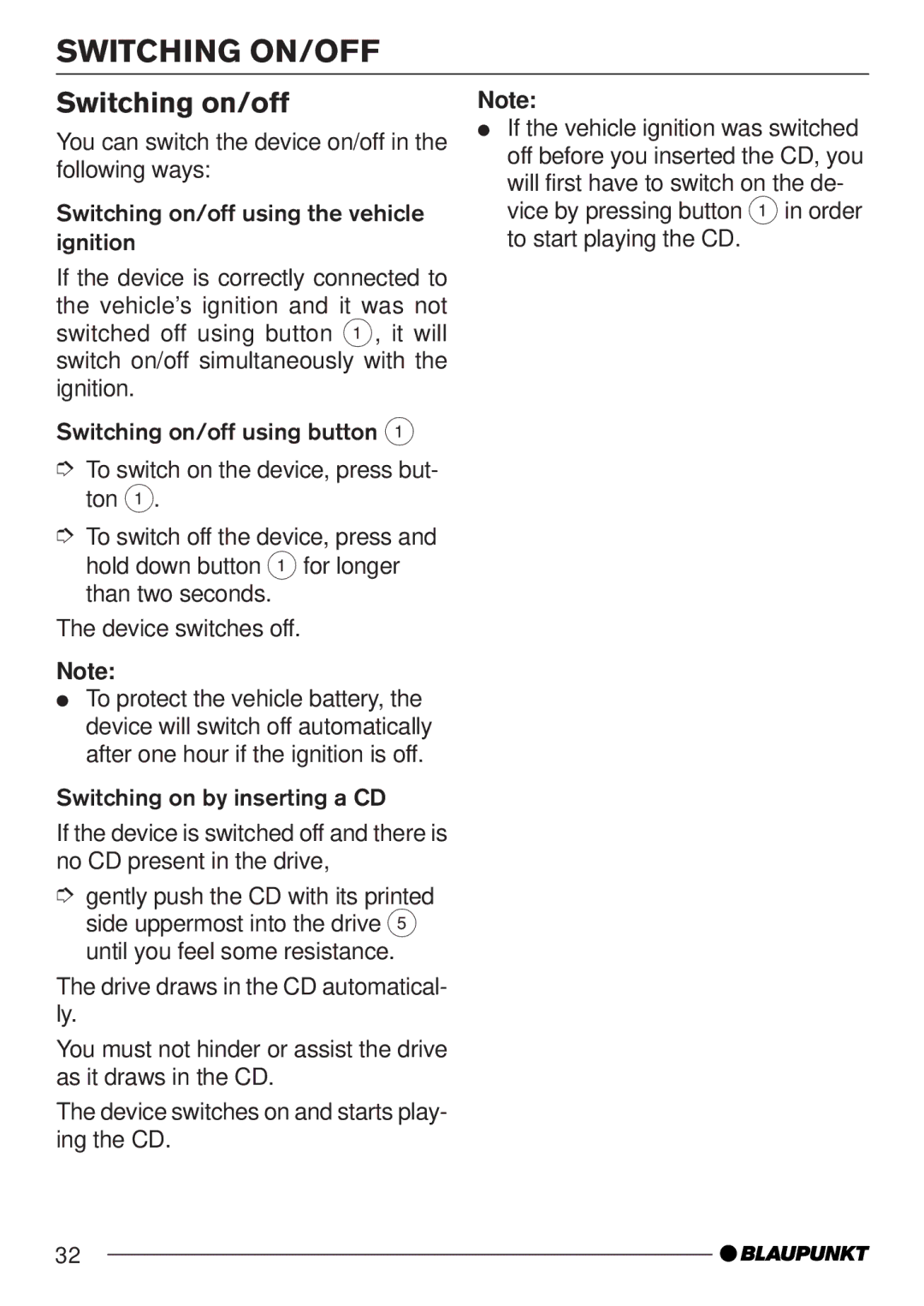 Blaupunkt MP35 operating instructions Switching ON/OFF, Switching on/off 