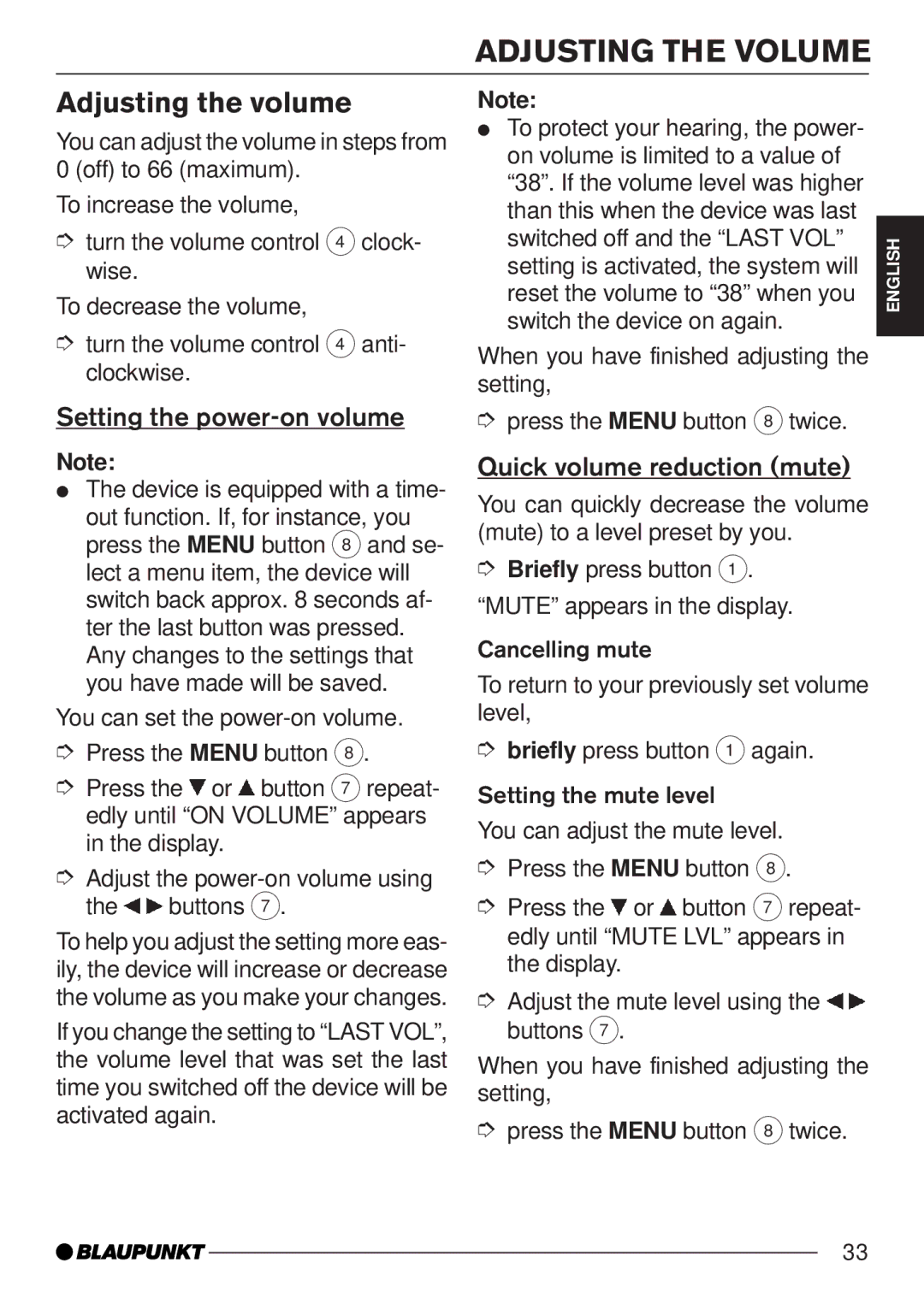 Blaupunkt MP35 Adjusting the Volume, Adjusting the volume, Setting the power-on volume, Quick volume reduction mute 