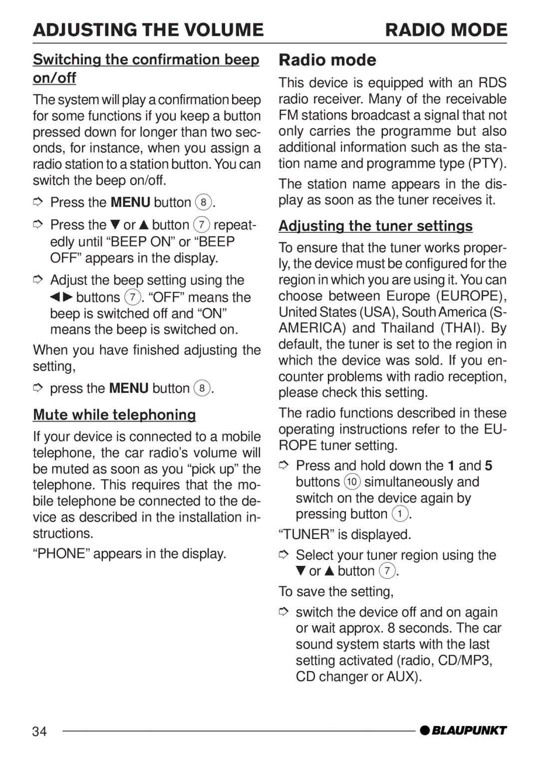 Blaupunkt MP35 Adjusting the Volume Radio Mode, Radio mode, Switching the confirmation beep on/off, Mute while telephoning 