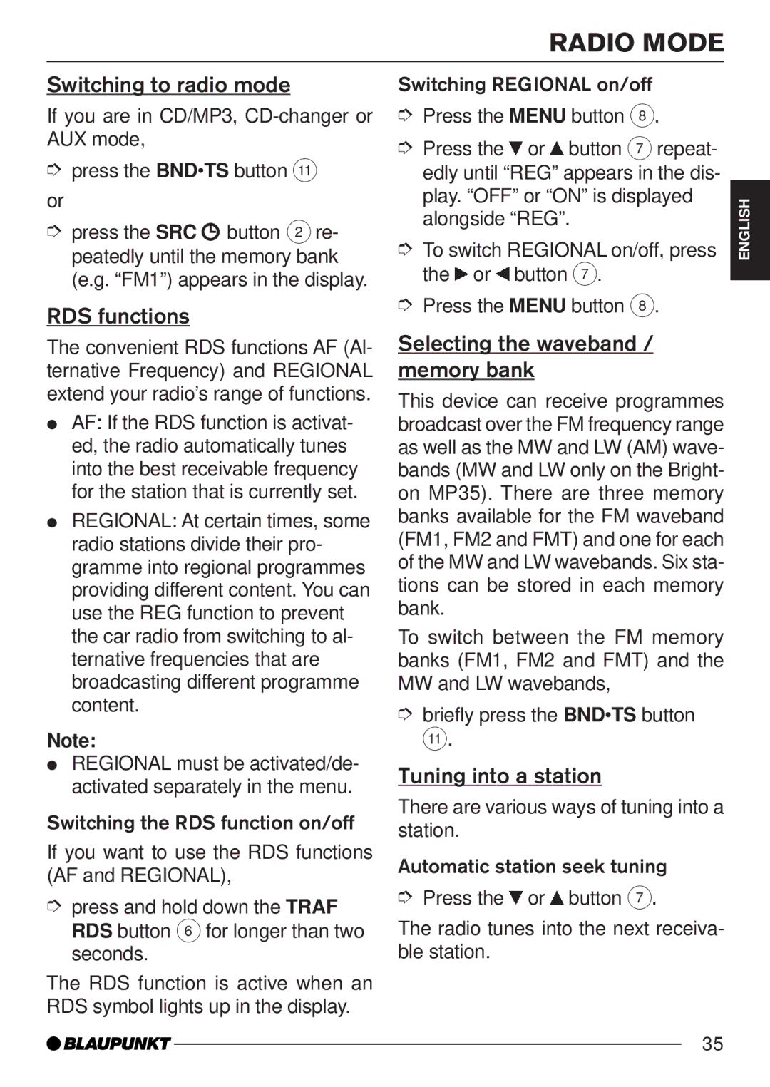 Blaupunkt MP35 Switching to radio mode, RDS functions, Selecting the waveband Memory bank, Tuning into a station 