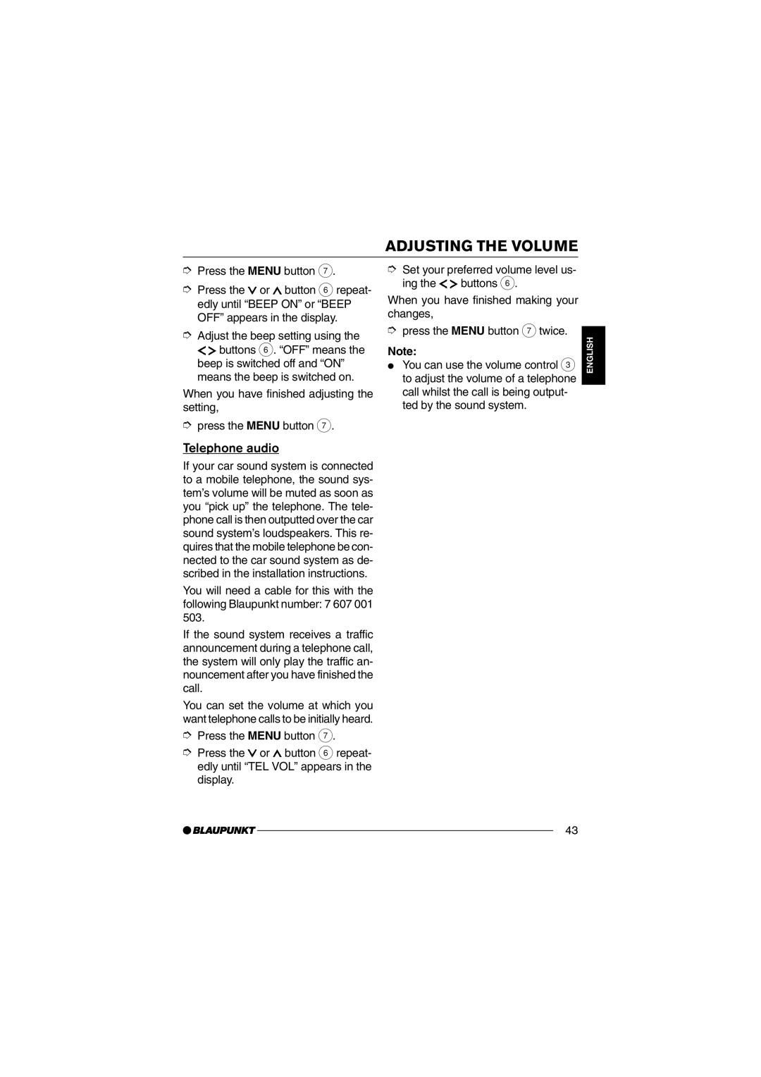 Blaupunkt MP35 operating instructions Telephone audio 