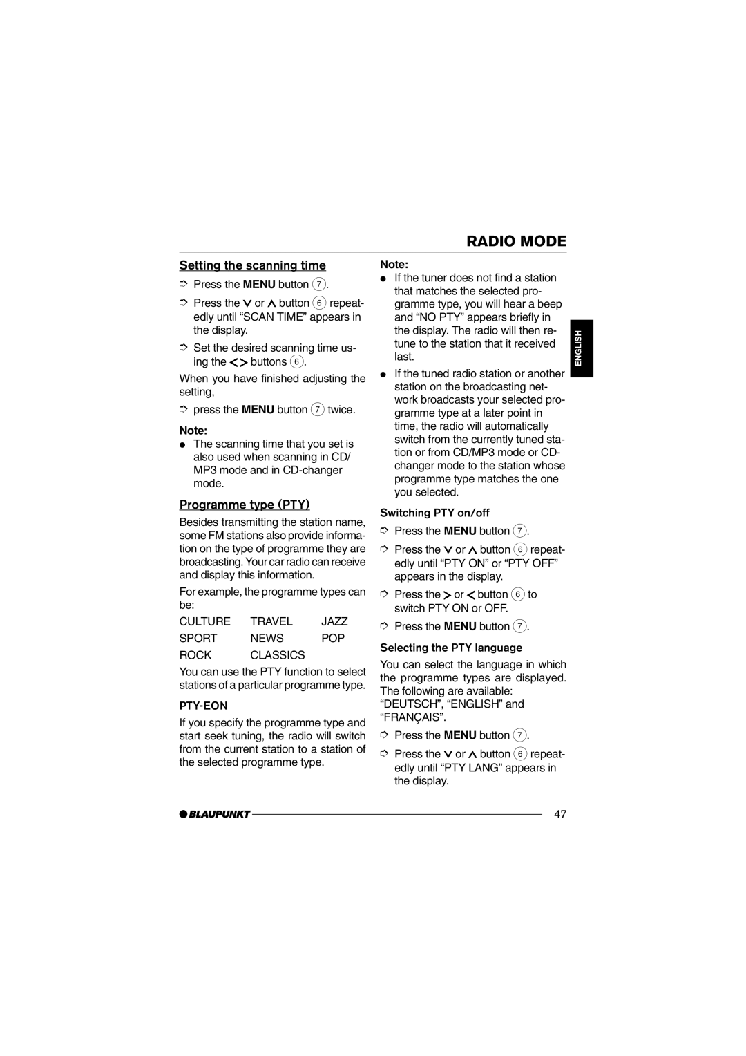 Blaupunkt MP35 Setting the scanning time, Programme type PTY, For example, the programme types can be 