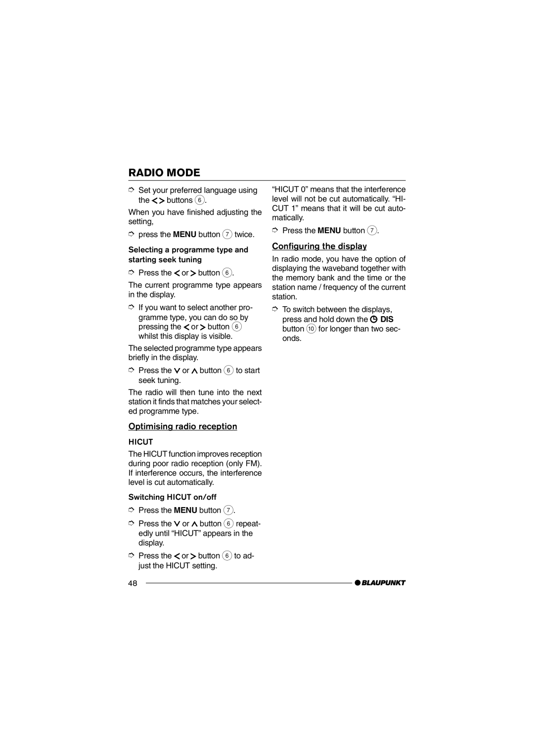 Blaupunkt MP35 operating instructions Optimising radio reception, Configuring the display 