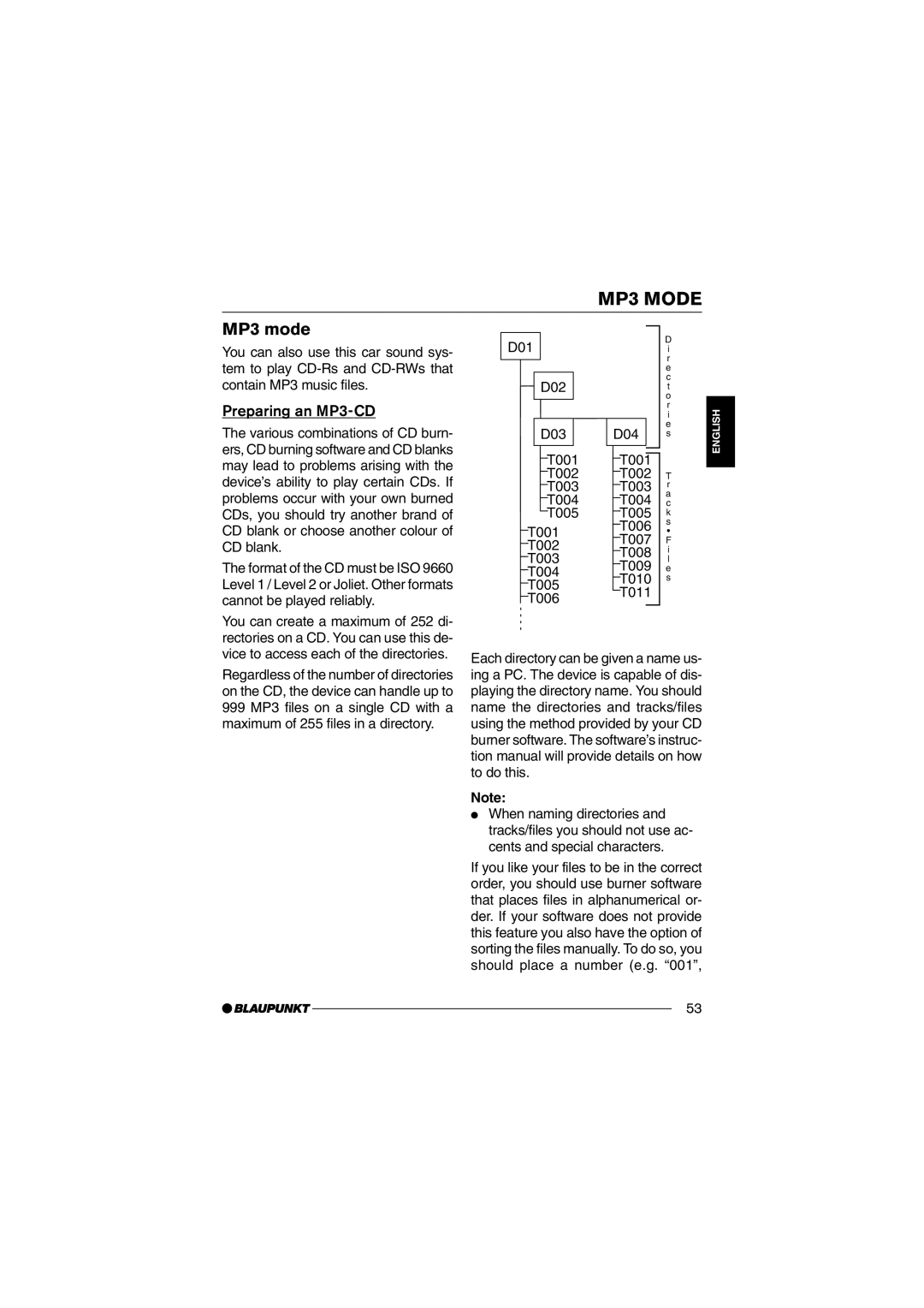 Blaupunkt MP35 operating instructions MP3 Mode, MP3 mode, Preparing an MP3-CD, D01 D02 D03 D04 T001 