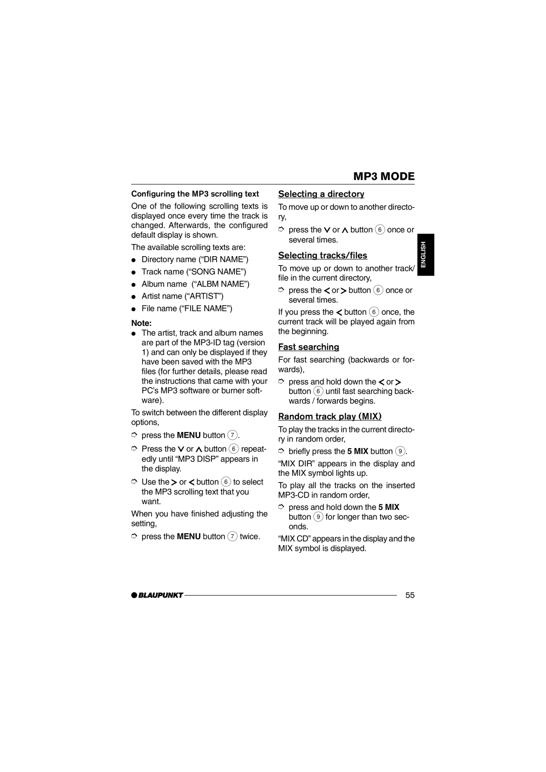 Blaupunkt MP35 operating instructions Selecting a directory, Selecting tracks/files, Fast searching 