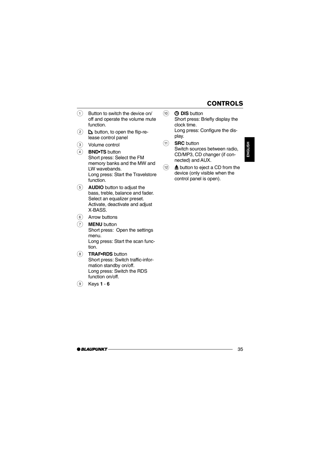 Blaupunkt MP35 operating instructions Controls, BND¥TS button 