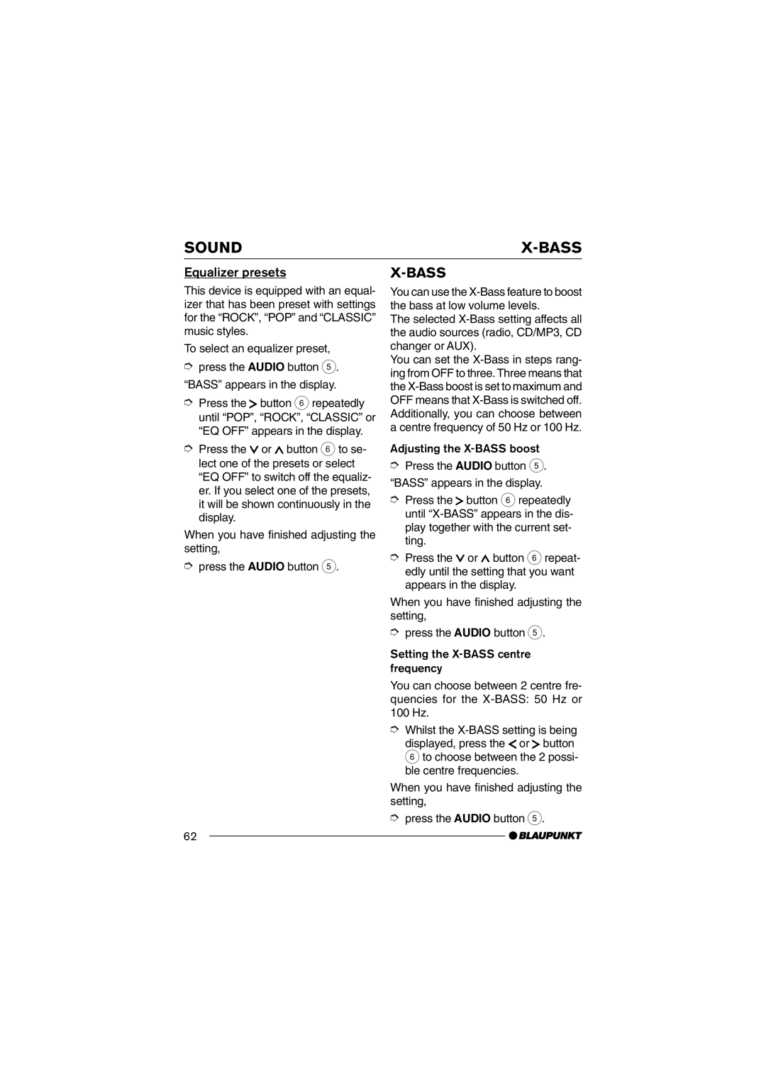 Blaupunkt MP35 operating instructions Sound Bass, Equalizer presets 