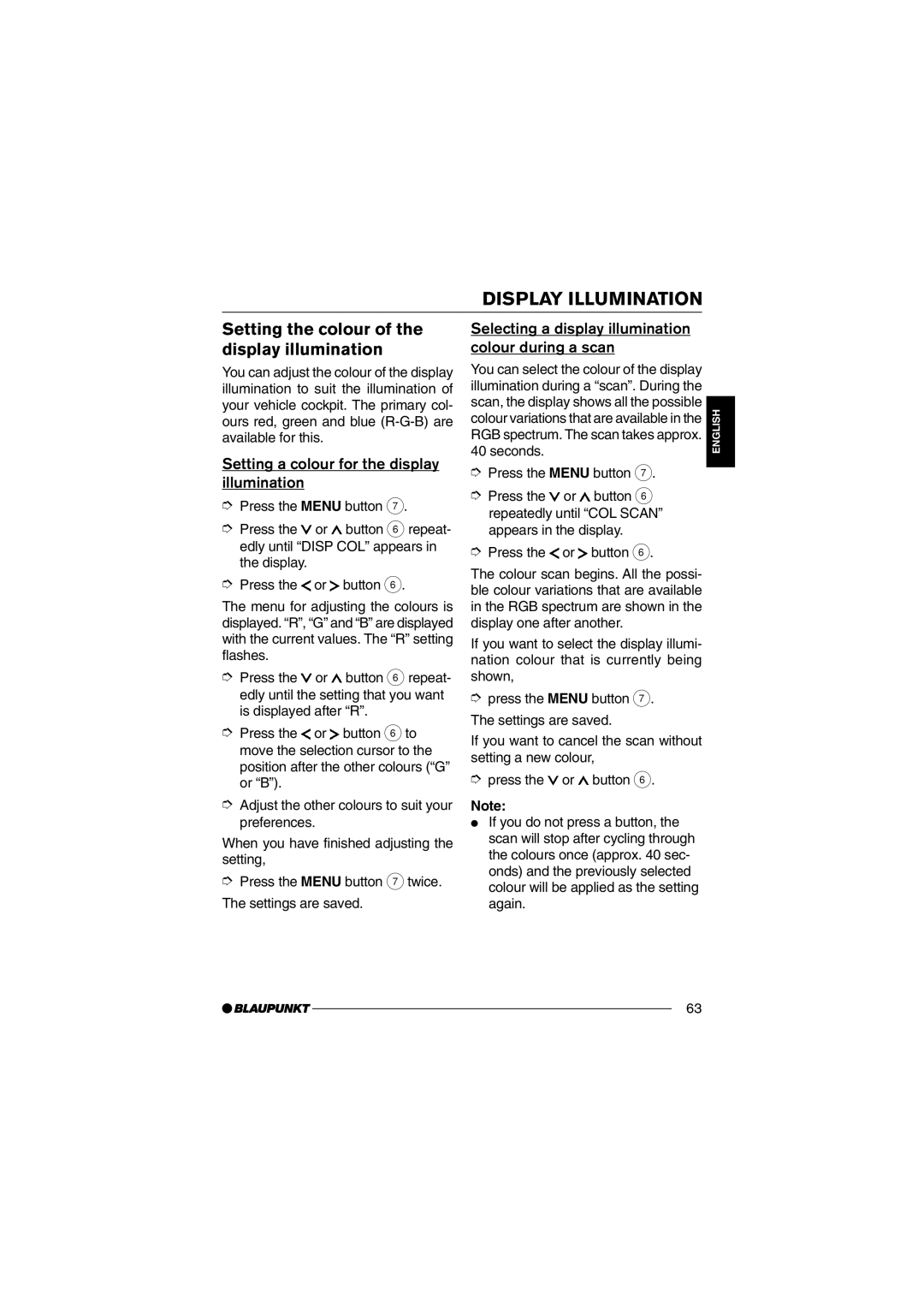 Blaupunkt MP35 operating instructions Display Illumination, Setting the colour of the display illumination 