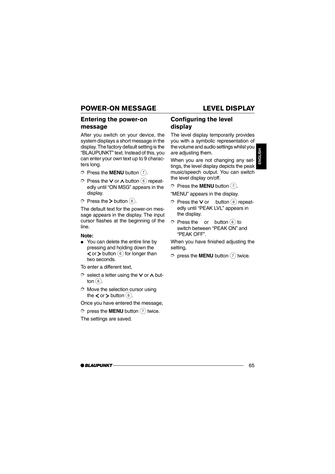 Blaupunkt MP35 operating instructions POWER-ON Message, Entering the power-on message, Configuring the level display 