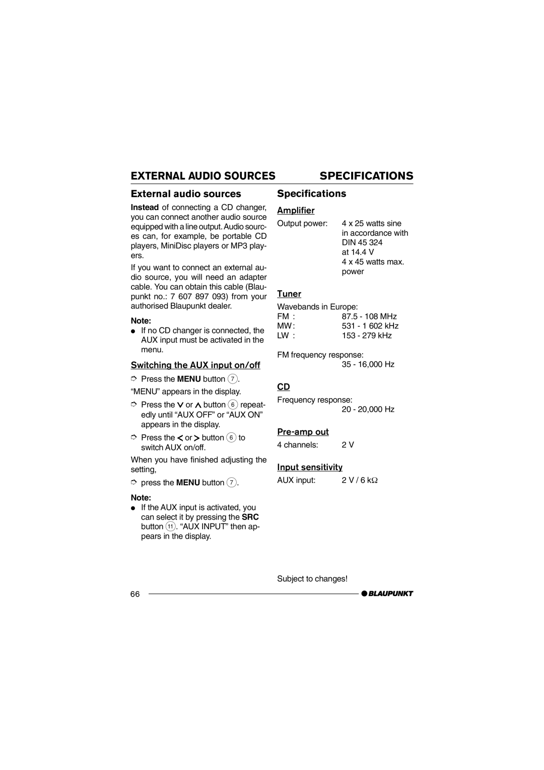 Blaupunkt MP35 operating instructions External Audio Sources Specifications, External audio sources 