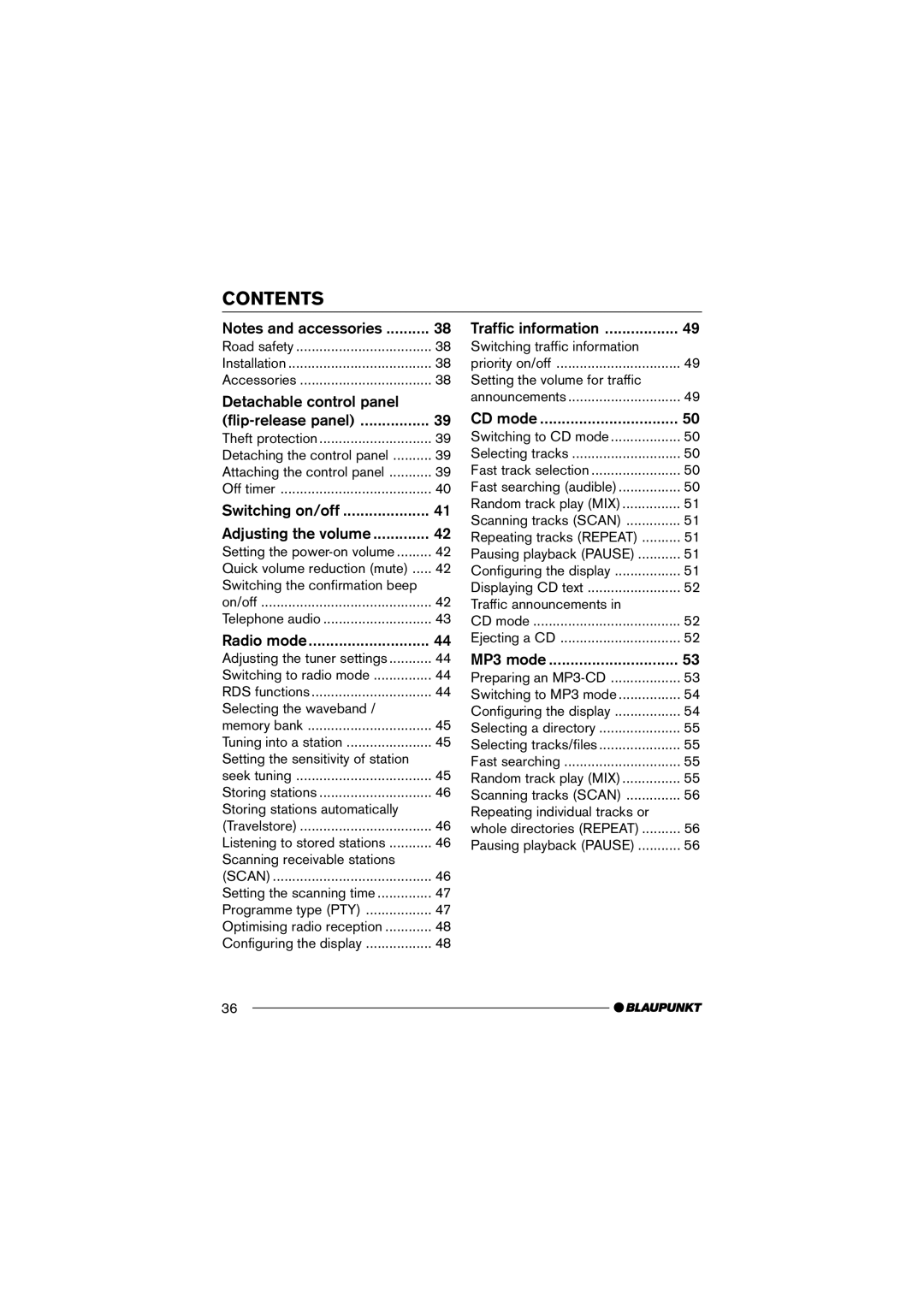 Blaupunkt MP35 operating instructions Contents 