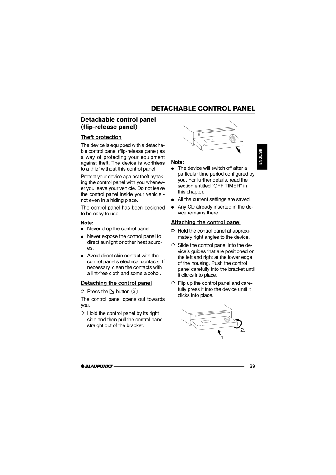 Blaupunkt MP35 Detachable Control Panel, Detachable control panel flip-release panel, Theft protection 