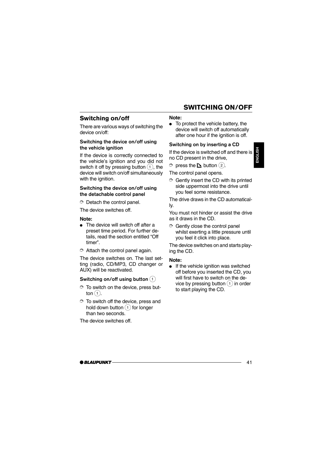 Blaupunkt MP35 operating instructions Switching ON/OFF, Switching on/off 