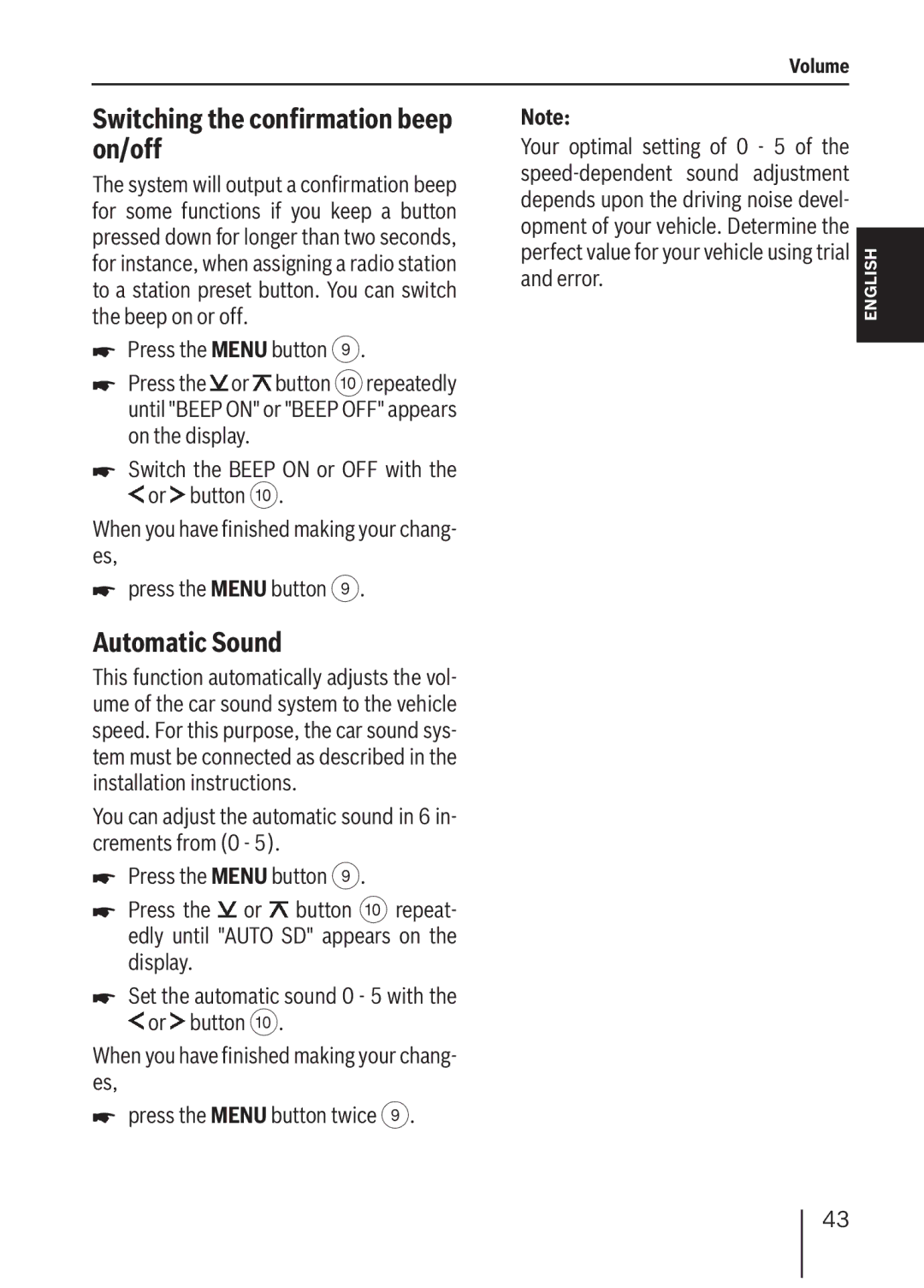 Blaupunkt MP36 operating instructions Switching the confirmation beep on/off, Automatic Sound, Error 