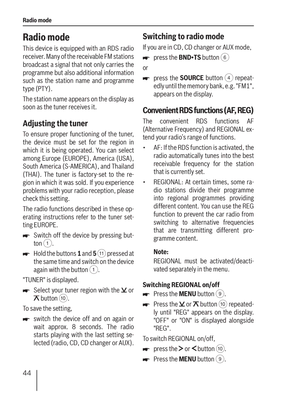 Blaupunkt MP36 Radio mode, Adjusting the tuner, Switching to radio mode, Convenient RDS functions AF, REG 