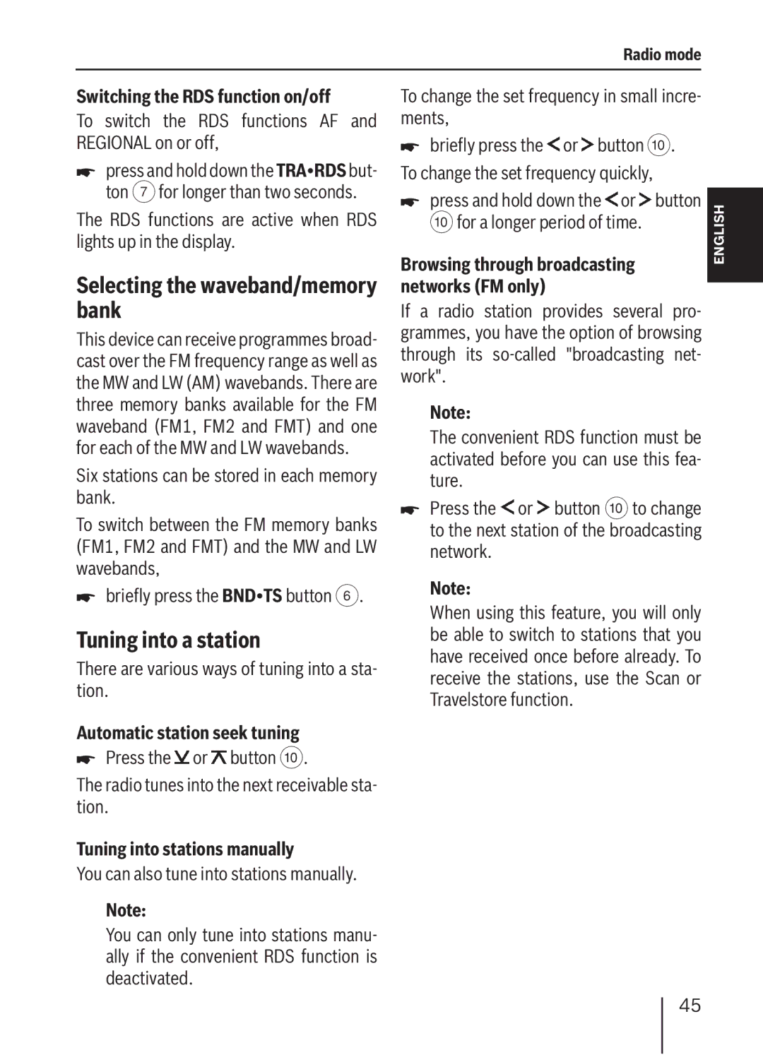 Blaupunkt MP36 Selecting the waveband/memory bank, Tuning into a station, Switching the RDS function on/off 