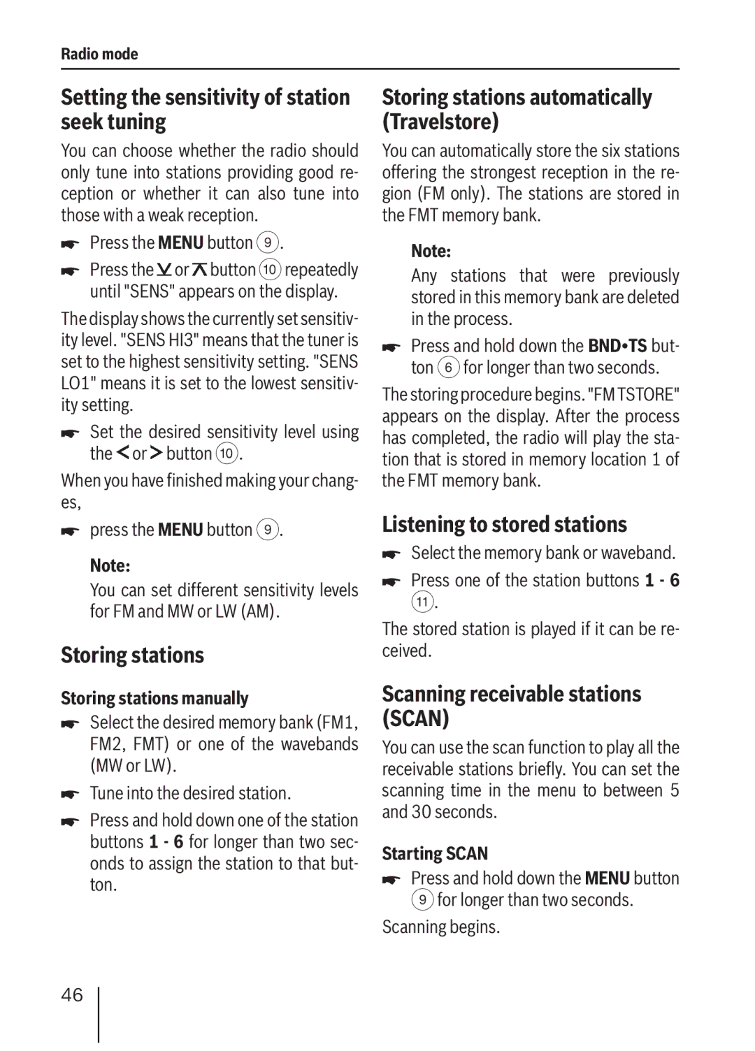 Blaupunkt MP36 Setting the sensitivity of station seek tuning, Storing stations, Listening to stored stations 